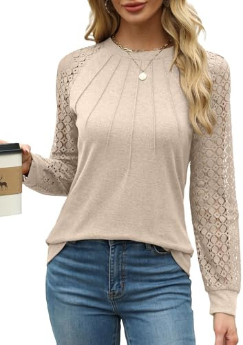 Aokosor Women Long Sleeve Tops for Women UK Plain Crew Neck Pleated Shirt Loose Casual Blouse Tunic Shirt Ladies Jumpers Size 10-12 Beige