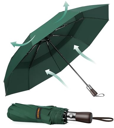 TECKNET Regenschirm, Automatik-Faltschirm, leicht und robust Taschenschirm sturmfest, leicht zu öffnen und zu schließen, hervorragende Stabilität Geeignet für regnerische und verschneite Tage -grüner