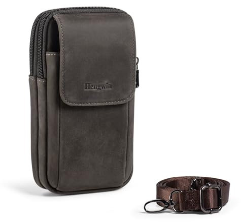 Hengwin Doppeltasche Gürteltasche für Männer Echtes Leder Hüfttasche für iPhone 16 Pro Max 16 Plus Samsung S25 S24 Ultra S25+ Handys Umhängetasche Mobile Tasche mit Gürtelring und Gürtelclip (Grau)