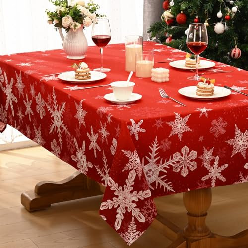 Alishomtll Weihnachten Rot Tischdecke, Schneeflocke Gradient Rechteckige Tischdecken, Wasserabweisend Abwaschbar Tischtuch, Winter Party Festliche Deko Tischwäsche 140x240 cm