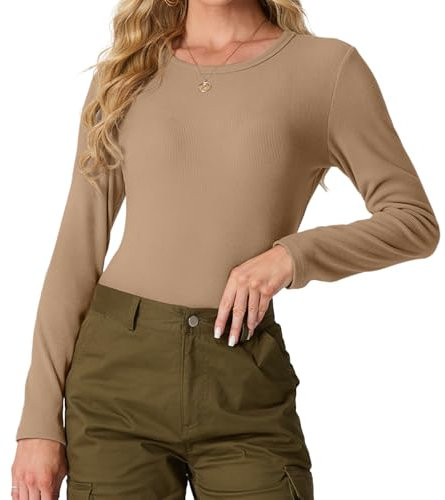 IWOLLENCE Basic Tops Women Ribbed Knit Round Neck Long Sleeve T Shirts Women Basic T-Shirt Y2k Slim fit Tee Tops (Khaki, L)
