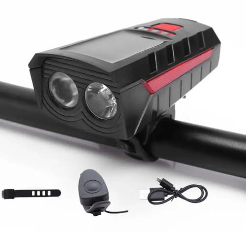 Bike Lights Rechargeable 4-in-1 LED Bicycle Torch with Solar & USB Charging, Loudspeaker, Phone Charger & Dual Light Source – MTB Front Lamp, Water Resistant, 130dB Speaker