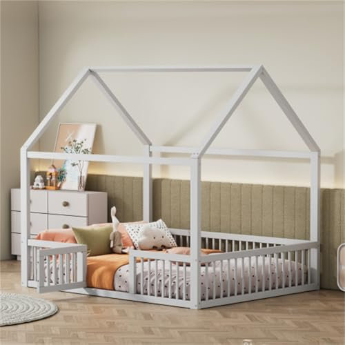 Weißes Kinderbett In Hausform, Multifunktionales Massivholzbett Mit Sicherheitsgeländern Und Lattenrosten, Geeignet Für Jugend- Und Kinderzimmer(Size:140x200cm)