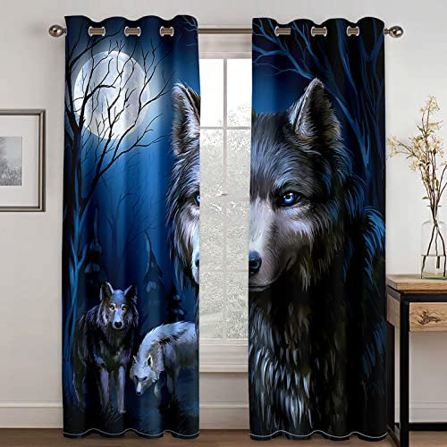 3D-bedruckte Moonlight Wolves Vorhänge, 140 x 160 cm, wärmeisoliert, weiche Fensterverdunkelung, Heimmode, Ösenring, pflegeleicht, Mikrofaser-Technologie