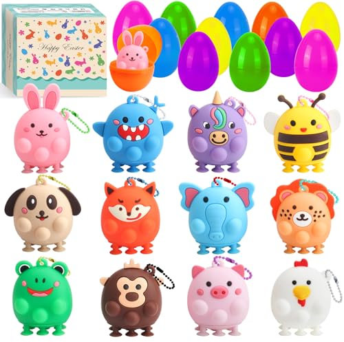 Ostergeschenke für Kinder, 12 Ostereier und 12 3D Tier Pop Puppen, Plastik Ostereier 8.5 cm x 6 cm, Perfekt für Osterkörbchen, Deko für Party, Klassenzimmer & Osteranreize Jungen und Mädchen
