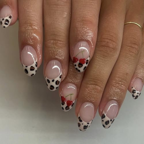 24pcs Press on Nails Short - Almond Fake Nails with Glue - Leopard Print French Tip False Nails - 12 Sizes Glue on Nails with Cherry Designs - Full Cover Cute Stick on Nails for Women Girls