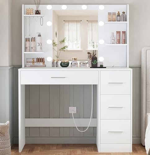 TEENFON Schminktisch mit Spiegel und Beleuchtung, Make-up Schminktische mit Steckdose, Schminktisch mit 4 Schubladen, 4 offenen Regalen, 5 Schmuckhaken für Schlafzimmer, Weiß