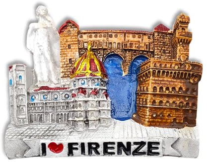 3D-Magnet Florenz – Alte Brücke, Heiliges Kreuz, David, Alter Palast, Dom – dekorativer Magnet für Kühlschrank und Magnettafel – Souvenir Stadt der Kunst 7 x 5,5 cm