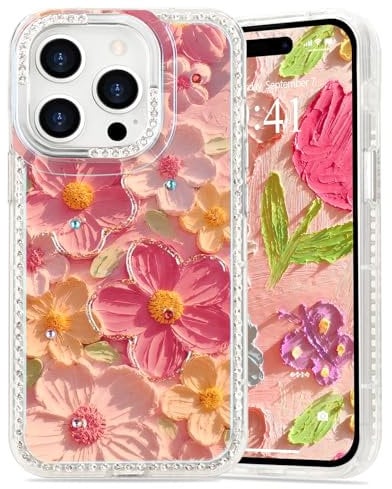 Urarssa for iPhone 14 Pro Max Case, Colorful Retro Oil Painting Printed Flower Aesthetic Exquisite Stylish Protective Girly Case, Bling Glitter Diamond Camera Lens Protection Women Girls Cover, Pink