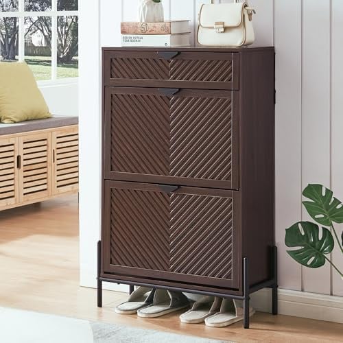 VIPLUMI Schmaler Schuhschrank Schuhregal 2 Klappen Schublade, Braun | Schräge Holzmaserung, freistehend, verstellbare Fächer, Mittelfach abnehmbar, Metallgriffe, für Flur und Eingang
