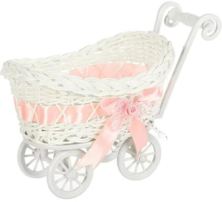 HOJIOESRD Simulierter Rattan Blumen Kinderwagenkorb für Hochzeiten, Kleiner Blumenkorb, geeignet für Spielzeug Schubkarre zu Hause und im Freien, Rosa
