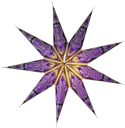 YEPSIO Laternen-Lampenschirm, Papierstern-Lichtschirme, groß, 60 cm, hängende Dekorationen für Weihnachten, Hochzeit, Heimdekoration, Geburtstagsfeier, faltbarer 9-zackiger Stern (Glitzer-Violett)
