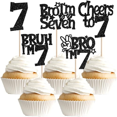 Xsstarmi 1 Packung Bro I'm 7 Tortendeko 7 Geburtstag Junge 7th Cupcake Topper Alles Gute zum Geburtstag 7. Kuchen Deko für 7th Birthday Thema Mann Junge Mädchen Cheers to 7 Jahre Geburtstagsparty