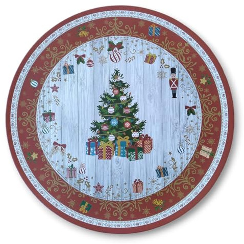 Generico Piatto Decorativo Natalizio Rotondo, Design con Albero di Natale e Regali, Bordo Rosso con Motivi Dorati, Stile Vintage Festivo, 40 cm