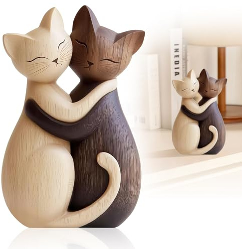 Simsky Holzskulptur Eines Katzenpaars, 2D-Flache Schreibtischdekoration Aus Naturholz, Handgemachte Minimalistische Katzen Figur Für Wohnzimmer Und Büro, Einzigartiges Geschenk Für Katzenliebhaber