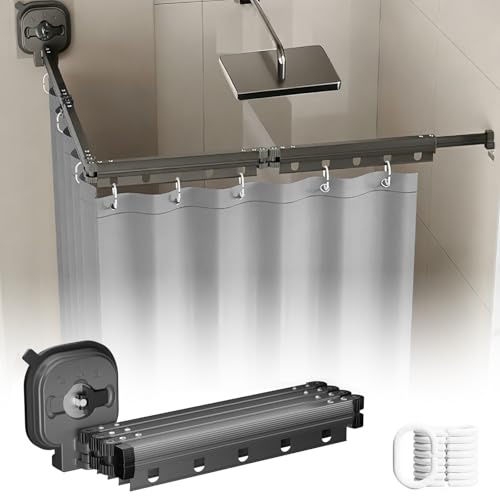 Tringle à rideau de douche pliable avec ventouse et rideau de douche, rideau de douche sans perçage, étendoir à linge rétractable, pour salle de bain, coin (gris 4 voies + rideau de douche 1,5 x 2 m)
