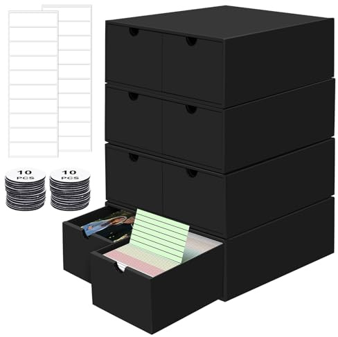 4 Stück Karteikartenbox A7 mit 4 Schubladen, aus schwarzem Karton, Aufbewahrungsbox für Lernkarten und Karteikarten 74 × 105 mm für Schule, Studium, Büro und Rezepte