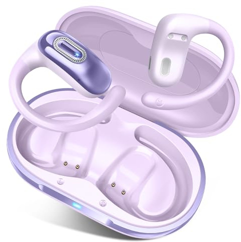 Open Ear Kopfhörer, Bluetooth 5.4 Kopfhörer Kabellos, Tiefer Bass, 58 Std Spielzeit, 4 ENC Mikrofon, Over Ear Kopfhörer Sport mit Ohrhaken, IPX7 Wasserfest Ohrhörer für Laufen,Joggen, Fitness, Lila