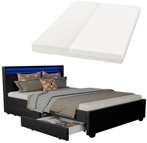 Juskys Polsterbett Lyon 140x200 cm mit Matratze, Bettkasten, LED Beleuchtung, Lattenrost & Kopfteil, schwarz, Bett Bettgestell Jugendbett Einzelbett