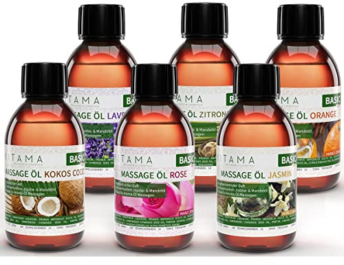 Kitama Massageöl Aroma Set 6 x 250ml - Aroma Jasmin, Rose, Orange, Lavendel, Kokos & Zitronengras - Aroma-Öl Haut-Öl Pflege-Öl