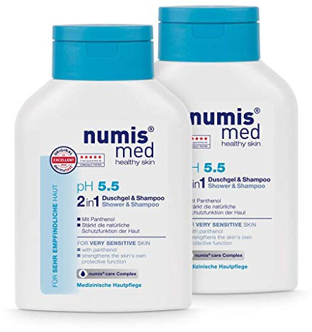 numis med 2in1 Duschgel & Shampoo ph 5.5 - Hautberuhigendes Shower Gel & Haarshampoo für sehr empfindliche & sensible Haut - vegane Hautpflege ohne Silikone, Parabene & Mineralöl (2x 200 ml)