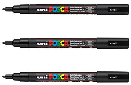 POSCA Mitsubishi Pencil - 3 Marqueurs Noir PC3M - Pointe Conique Pointe Fine - Marqueur Peinture à Base d'Eau - Tout Support - Pour Papier, Textile, Verre, Galet, Bois, etc.