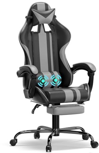 Soontrans Silla Gaming con Masajeador Ergonómico con Reposapies & Soporte de Cabeza & Vibración Masaje Soporte Lumbar, Cuero Tapizado, Silla Gamer para Youtube Playstation Xbox Livestreaming (Gris)