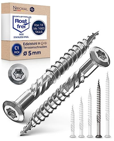50 Stück Terrassenschrauben 5 x 70 mm lang | PERFEKT für 27 mm Terrassendielen | rostfreier gehärteter C1 Edelstahl | Torx 25 | Holzschrauben mit flachem Senkkopf Teilgewinde