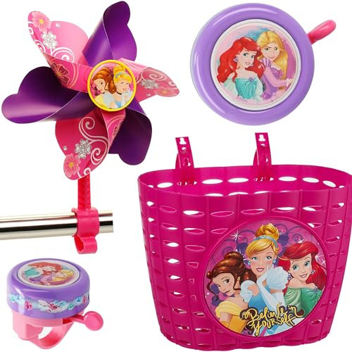 alles-meine.de GmbH 3 TLG. Set: Fahrradklingel + Fahrradkorb + Fahrradwindrad - Princess - Prinzessin - UNIVERSAL Ding Dong - 2 Klang - Klingel für das Fahrrad/Jungen Mädchen -..