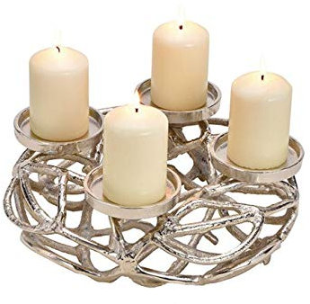 Edler Silberner Adventskranz Art Deco Weihnachts-Gesteck aus Metall Ø 30cm Silber Deko-Kranz Weihnacht Stumpen-Kerzen-Halter Weihnachten Advent Winter Weihnachts-Deko Wohungs-Dekoration