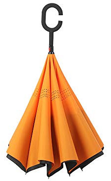 WOWGADGET Paraguas invertido con mango en C - Naranja - Sombrilla de doble capa. A prueba de viento - Resistente al viento y a los rayos UV- Protege de la lluvia, la tormenta y el sol.
