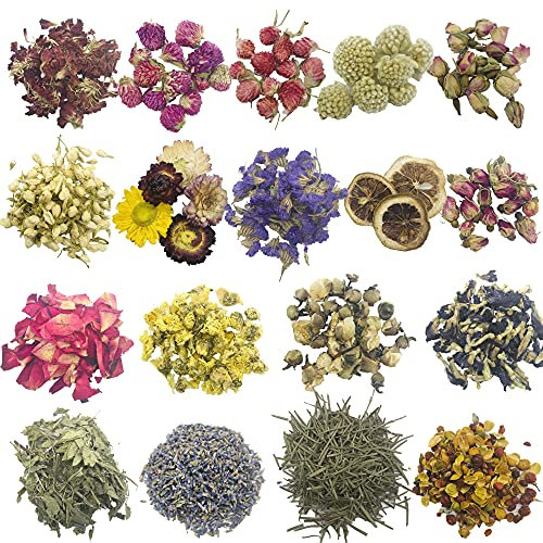 Cayway Getrocknete Blumen Trockenblumen Set, 18 Typen Natural Dried Flowers Getrocknete Blumen Kit Ringelblume Rose Lilie Jasmin Zitrone für Seifenzubehör Kerzenherstellung, Nägel Dekorationen DIY