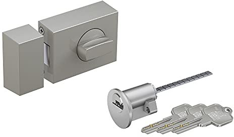 BASI | Türzusatzschloss mit Außenzylinder im SET | Drehknauf innen | Zylinder mit Wendeschlüssel | massiver Riegel | Zusatzsicherung für Haus- und Wohnungstüren | Dornmaß 45 mm | Eckig