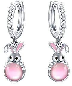 Hasen Ohrringe Creolen Mädchen 925 Sterling Silber Kinder Creolen Rosa Mondstein Hasen Ohrringe Tier Creolen Ohrringe Weihnachts Geschenk für Damen Mutter Tochter (Rosa)