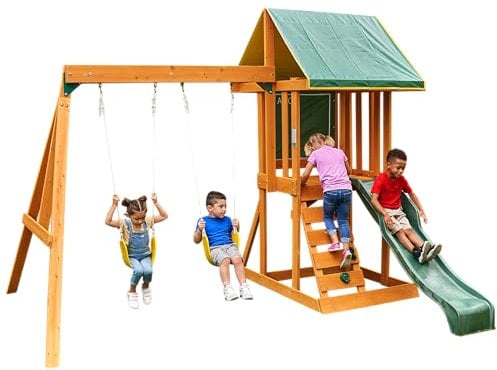 KidKraft Appleton Aire de Jeux en Bois avec Toboggan d'Extérieur, Balançoire, Mur d'escalade et Bac à Sable pour Enfants, F24148E, Exclusivité sur Amazon