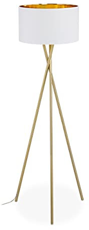 Relaxdays Dreibein Stehlampe, Tripod Lampe mit Stoffschirm, HxD 148,5 x 53,5 cm, E27 Fassung, Leinen & Metall, gold/weiß