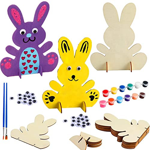 12 Stück Hasen aus Holz zum Bemalen,DIY Ostern Holz Hase,Ostern Holz zum Malen,Osterhase Kinder Bastelsets mit Selbstklebend Puppe Augen und Bemaltes Set, für Kinder Ostern und Frühling zum Dekorieren