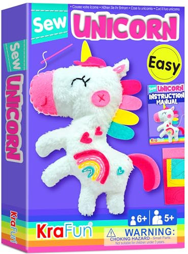 KRAFUN Kit de Couture Licorne pour Enfants dès 7 Ans, Poupée en Peluche Licorne, Feutre, Instructions, Boîte Réutilisable, Jouet Éducatif pour Coudre