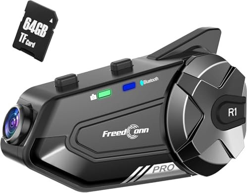 FreedConn Motorcycle Helmet Intercom 2K Camera Headset, R1 Pro Motorbike Helmet Bluetooth Headphone Earphone Camera 3200Ft APP Control/Universal Intercoms with 64G Card (R1 PRO & 64G Card)