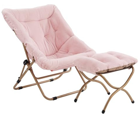 Tiita Untertassenstuhl mit Ottomane, weicher übergroßer Klappstuhl aus Kunstfell, weicher pelziger Loungesessel, Mondstuhl mit Metallrahmen für Schlafzimmer, Wohnzimmer, Wohnheim, Garten und Hof