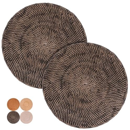 Decvel 2-Pack Rattan Placemats - 13-inch Round Placemats (Blackwash), Round Woven Placemats, Table Mats, Chargers for Dinner Plates, Boho Placemats, Wicker Placemats