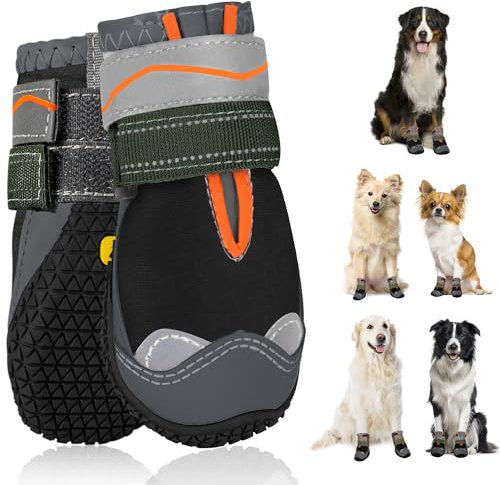 SlowTon Hundeschuhe Pfotenschutz, 2 Stück wasserdichte Hunde Schuhe Outdoor mit rutschfester Sohle, reflektierendem Klettverschluss Hundestiefel für kleine mittlere große Hunde Winter(Schwarz, Size 7)