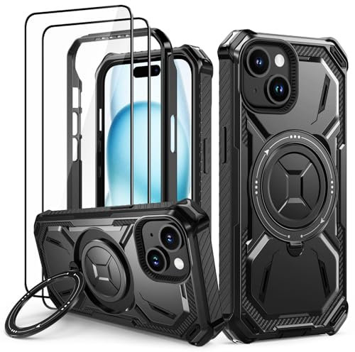 Lanhiem für iPhone 15 Hülle mit 2 Stück Schutzfolie, 360° Ring Ständer Schutzhülle, Militärischer Stoßfest Handyhülle für iPhone 15 Case, Schwarz