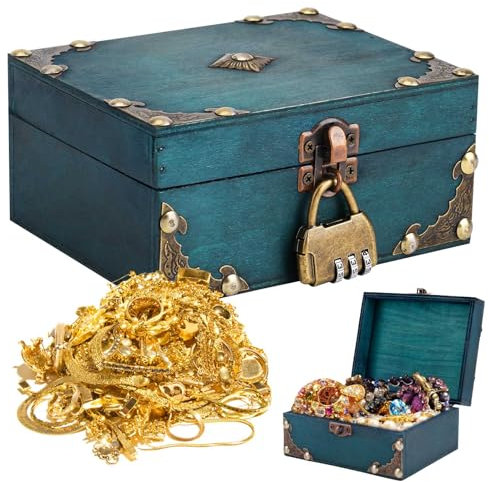 RAKUTE Coffre Fort en Bois, Boite avec Cadenas, Coffre au Trésor en Bois 15 * 12 * 7.2cm, Coffre au Trésor en Bois Tirelire Portable Pour Ramasser des Objets/Jouer le Jeu, Boite Pirate Enfant Gris