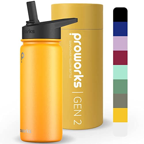 Proworks Gen 2 Insulated Water Bottles With Straw Lid, 1L Stainless Steel Water Bottle, 24 Hours Cold, 12 Hours Hot Drinks, Metal Leakproof Flask For Gym, Travel - Sunflower Yellow