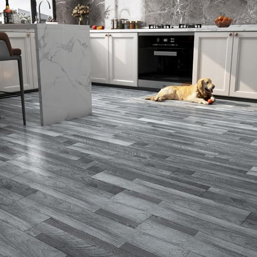 FunStick 90×15CM 35 Dalles PVC Adhesives Sol Bois Stickers Carrelage Adhesif Sol Gris Panneau Bois Decoratif Dalle Vinyle Sol Adhesive Salle de Bain Lavable Carreaux Autocollants Cuisine Sol Bois Gris