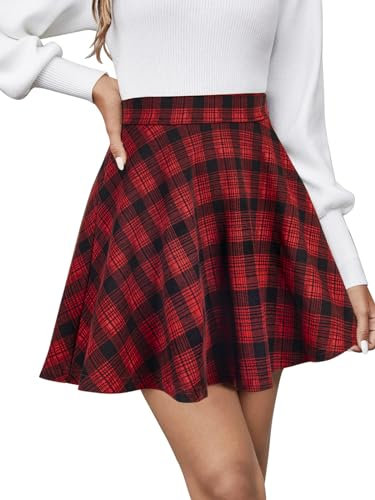 REORIA Damen ausgestellte A-Linie Faltenröcke Mini Karierter Rock Tennis Schule Tanz Skort Cheerleader Kostüm Rot Kariert M