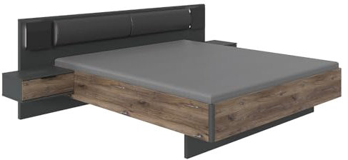 Lomadox Bettanlage Bett Doppelbett 160cm mit Nachtschränken, Beleuchtung und Polsterkopfteil, Graphit und Eiche