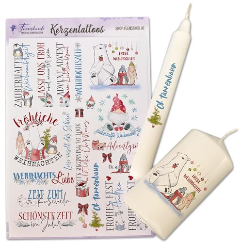 FEENSTAUB Kerzentattoos Weihnachten, Kerzenfolien Weihnachten DIN A5, Wasserschiebefolie Kerzen, Kerzenfolie Frohe Weihnachten, Kerzensticker Advent, Kerzen Aufkleber Weihnachten, Pinguine