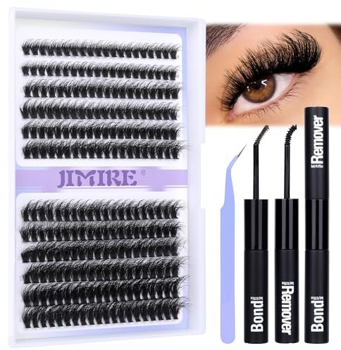 JIMIRE Eyelash Extension Kit Volume Individual Eyelashes Kit 60P 80P Fluffy Lash Extension Kit with Bond and Remover Lash Glue and Tweezers Cluster Lashes Kit Self Application at Home